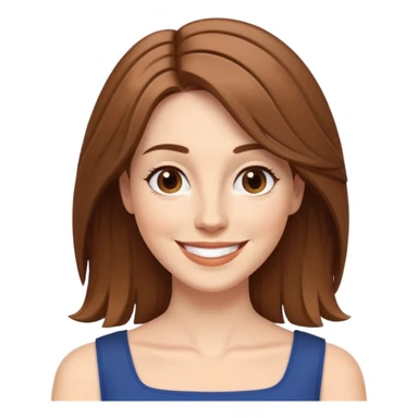 White woman, brown layered hair a bit longer than shoulder length, happily smiling. sticker