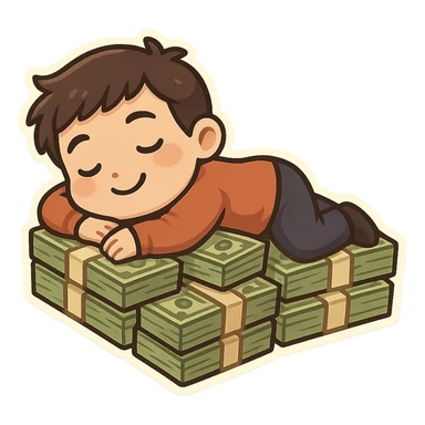 happy person napping on mattress of money sticker