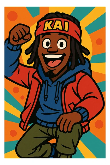 Kai Cenat, energetic streamer, expressive face, signature headband, casual streetwear, vibrant background, cartoon style sticker