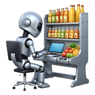 Grocery shelf design on a computer with a robot at the keyboard sticker