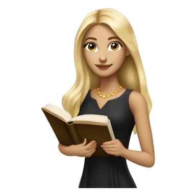 Beautiful skinny woman long blonde hair in dark dress with gold earrings with book  sticker