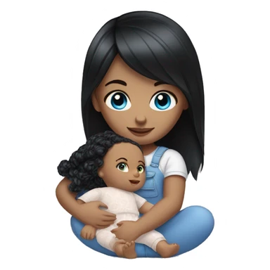 white Girl with black hair and blue eyes playing with baby doll sticker