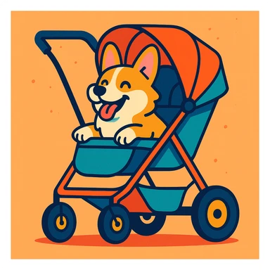 a happy corgi in a modern dog stroller, cartoon style, vibrant colors sticker