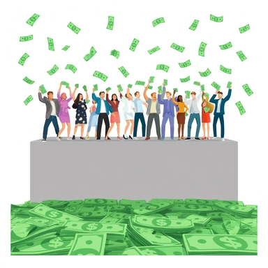 patrons shake stacks of dollar bills from on high, letting the green paper fall in the air to the floor below sticker