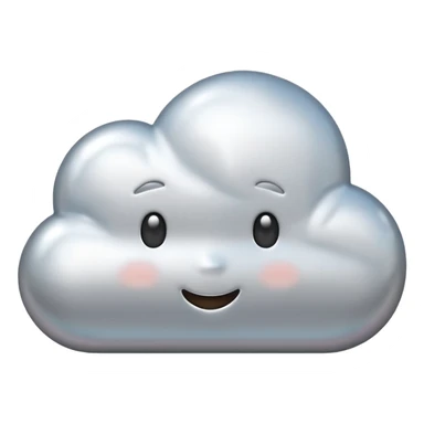 A cute cloud emoji made of silver chrome, smooth rounded shape, glossy metallic surface, soft reflections, minimal and friendly design, iOS emoji style, centered, clean white background, soft lighting sticker