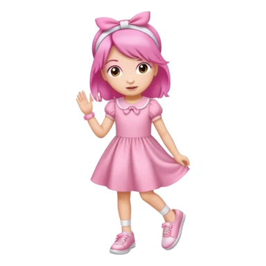 A girl wear a a pink pink dress and pink wacth and a pink hairband and a white shoes sticker