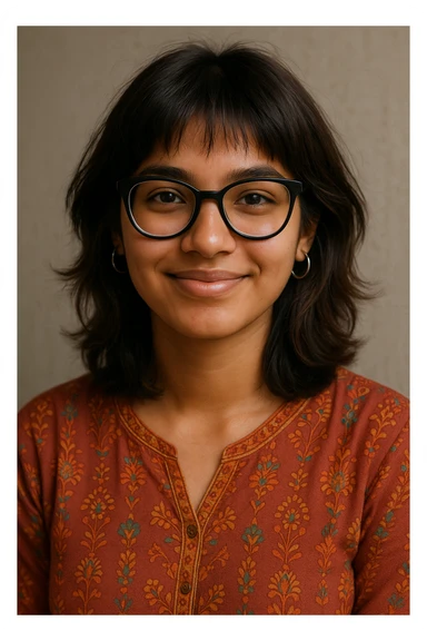 portrait of a 19-year-old girl with tan skin, shoulder-length wolfcut hair dark brown with slightly hazel highlights, wearing black bowline spectacles, silver hoop earrings, and a kurti, friendly expression sticker