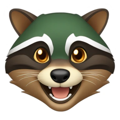 brown raccoon with orange eyes and a dark green hood that is laughing sticker