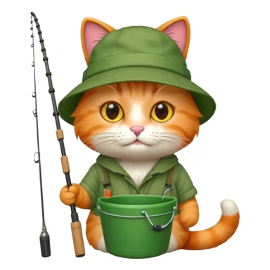 cat holding fishing rod with bucket hat green sticker