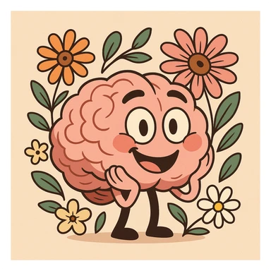 cartoon style, smiling brain surrounded by flowers, positive atmosphere, mental health sticker