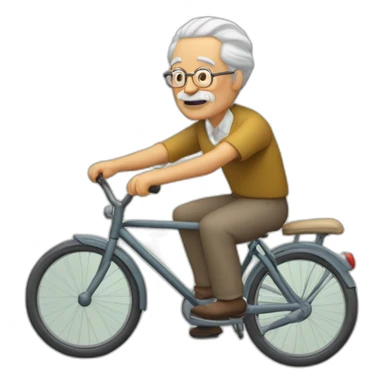 Abuelo sin barba con boina en la cabeza pedaleando con una bicicleta antigua de paseo con cara de cansado. sticker