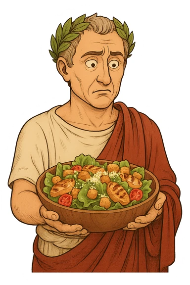 Используя такую стилистику сгенерируй Императора Цезаря, который задумчиво и удивленно держит в руках тарелку с салатом Цезарь, прозрачный фон sticker