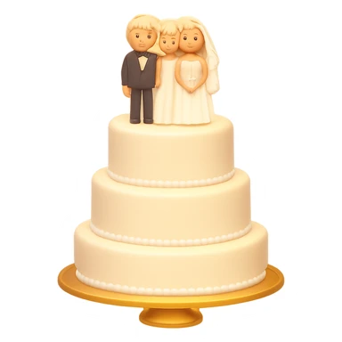 Add a soft glow effect to the white wedding cake with bride and groom toppers. Keep the background transparent. The style is emoji style with a soft glow effect. sticker