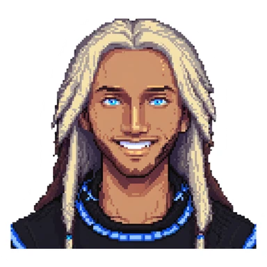 A cool guy with light skin, blue eyes, long hair, smiling sticker