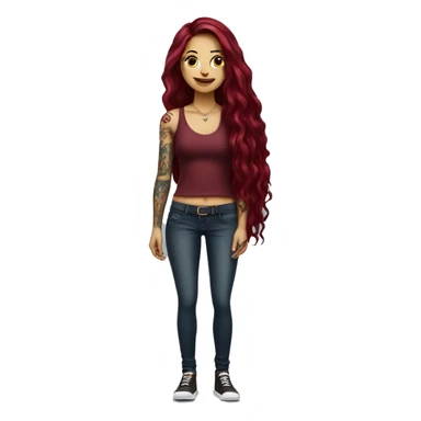 Beautiful tattooed burgundy long haired woman standing next to a car sticker