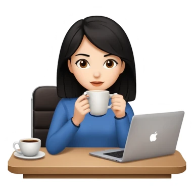 laptop and coffee are on the table. coffee is not on the laptop. the girl with medium-length black hair is drinking coffee. sticker