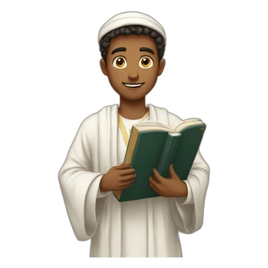 A young man wearing an Arabic robe and holding a Holy Quran sticker