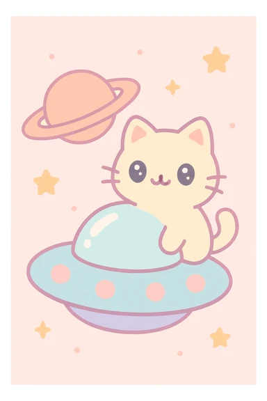a cat perched on a UFO, Saturn's rings visible, cute illustration sticker