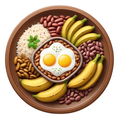 Cinematic Realistic Bandeja Paisa Dish Emoji, depicted as a hearty platter featuring beans, rice, meat, and plantains rendered with detailed textures and vibrant, robust lighting. sticker