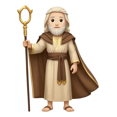 Moses standing with his rod, dramatic pose, ancient robes, desert background, emoji style sticker