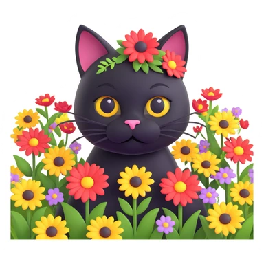 A black cat with a flower on its head in a field of flowers sticker