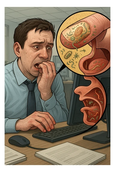 Anxious man at office desk unconsciously biting fingernails, microscopic overlay showing parasitic eggs and bacteria concentrated under nail beds, worms and microorganisms being consumed with each bite, expression of nervous habit unaware of contamination, computer screen reflecting his stress while he infects himself, fingertips raw and bleeding from chronic nail-biting, invisible parasite colonies entering his digestive system sticker