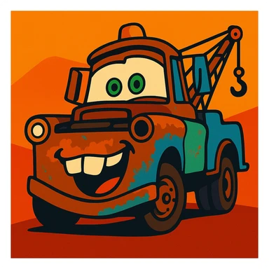 Mater from Cars, goofy expression, vibrant toon style sticker