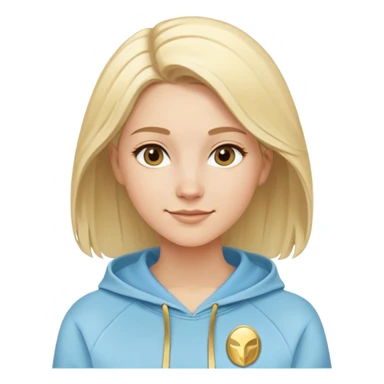 Caucasian female with oval face, light blonde hair with side part, serene smile, light blue sporty hoodie with gold and white fantasy details sticker