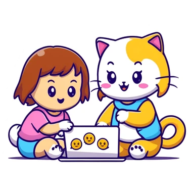 two girls watching a cute kitty drawing an emoji, playful cartoon style sticker