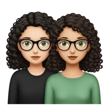 One girl with long dark brown hair, black glasses, green eyes, and neutral skin tone. Another girl with black curly shoulder length hair, hazel eyes, neutral skin tone  sticker