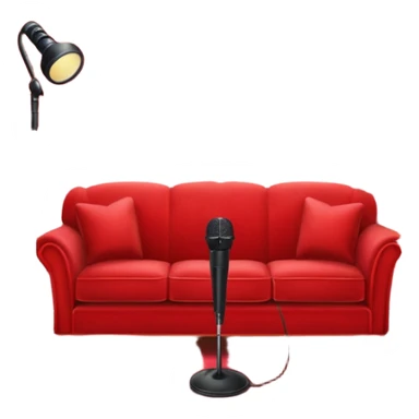 red velvet couch, stand microphone, houseplants, karaoke sign sticker