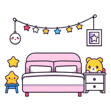 small cute bedroom with kawaii decor, stuffed animals, heart-shaped pillows, star garland sticker