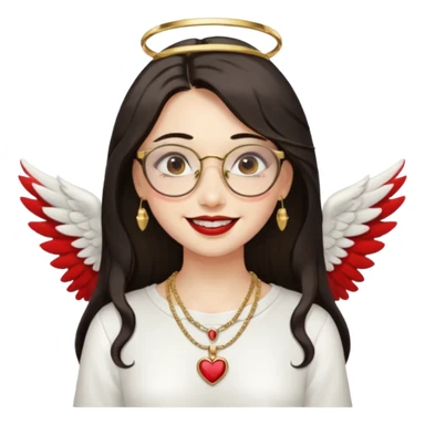 Angel girl with eyeglasses and Middle parted hair long dark hair with red lipstick  and push gold necklaces and dark eyes with withe wings and smile with withe teeth sticker