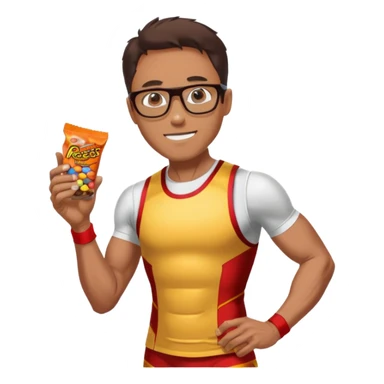 Ironman athletic built wearing a singlet, tan, sutro glasses, half tights, gels for running and loves recess pieces and watching tv but also a social worker sticker