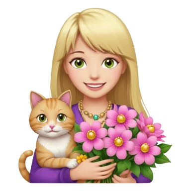 Long blonde haired with bangs, and big boobs smiling woman with hazel geen eyes, wearing pink and gold gemstone chains,  holding a big bouquet of beautiful bright flowers and cat sticker