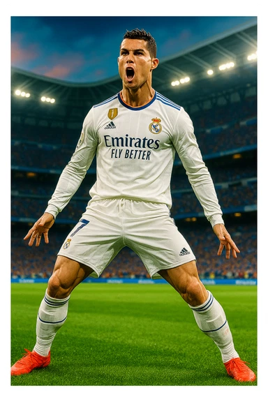Cristiano Ronaldo in Real Madrid kit performing his iconic 'siu' celebration, energetic pose, stadium background, vibrant colors sticker