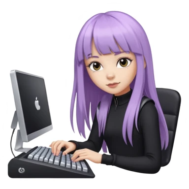 lilac girl with long hair and bangs worker and acessories with a pc worten the clothes black like an alternative sticker