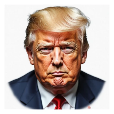 Donald Trump, as realistic as possible, high-resolution, lifelike skin and facial details, signature hairstyle, very cunning and foxy expression, plain background, almost no emoji influence sticker