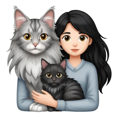 a silver based Maine Coon cat holding a black hair girl sticker