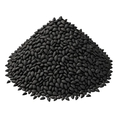 small scattered heap of tiny matte black seeds with irregular triangular shapes and slightly rough texture, loose organic pile with a few seeds dispersed around the base, no bowl or extras, apple emoji style, soft lighting, subtle shadows, transparent background, emoji scale sticker