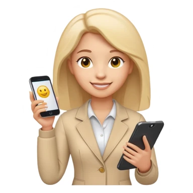 3D emoji style sticker, confident young woman, white background, smiling, standing upright, holding a smartphone and a document, relaxed and proud expression, student success vibe, soft lighting, minimalistic, clean astrology emoji style sticker