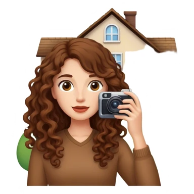Woman with long curly hair taking a photo of a house sticker