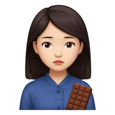 A young Asian female with a gloomy expression, thinking of chocolate sticker