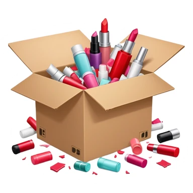 cardboard box bursting open with lipsticks, shampoo, and nail polish scattered everywhere, symbolizing disorganization sticker
