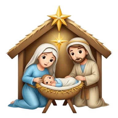 Nativity scene with baby Jesus in a manger, Mary, Joseph, and star above sticker