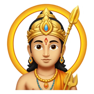 A minimal, divine emoji-style illustration of Lord Murugan, serene face, glowing vel (spear) symbol, bright golden aura, vibrant colors, simple rounded emoji design, high clarity, spiritual and peaceful expression, white background. sticker