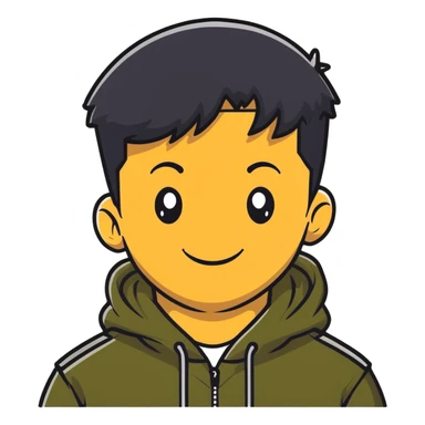 man with smiley face, black hair military cut, brown eyes, wearing 2 circle earrings and a black hoodie sticker