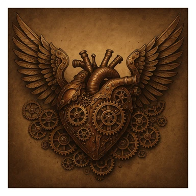 steampunk heart with mechanical wings, cogs and rivets, industrial Victorian aesthetic, detailed and artistic sticker