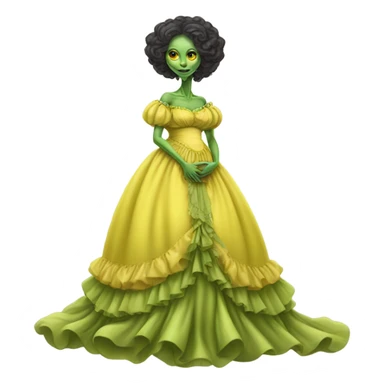 Pregnant green alien woman, full body, in victorian jellow elegant dress sticker