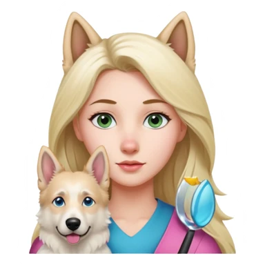 White European young woman with blue-green eyes and long blond hair with her white German Shepherd dog,the Dog has a pink nose and short fur  and Brown eyes sticker